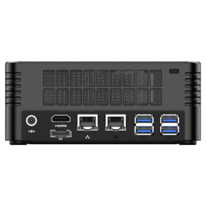 MinisForum EliteMini X400 Ryzen 5 PRO Mini Computer - Showing Rear I/O, including: 4x USB 3.0 Type-A, 2x RJ45 Ethernet Ports, HDMI Port, DP Port and Power Port