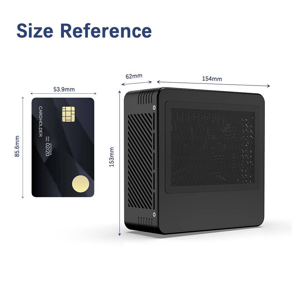 MinisForum X400 AMD Ryzen Mini PC showing size compared to Credit Card