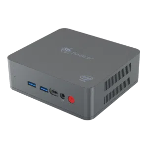 Beelink U55 Windows 10 Mini PC - Front View at an Angle showing Power Button, Headphone Jack, USB Type-C Port and two USB 3.0 Ports