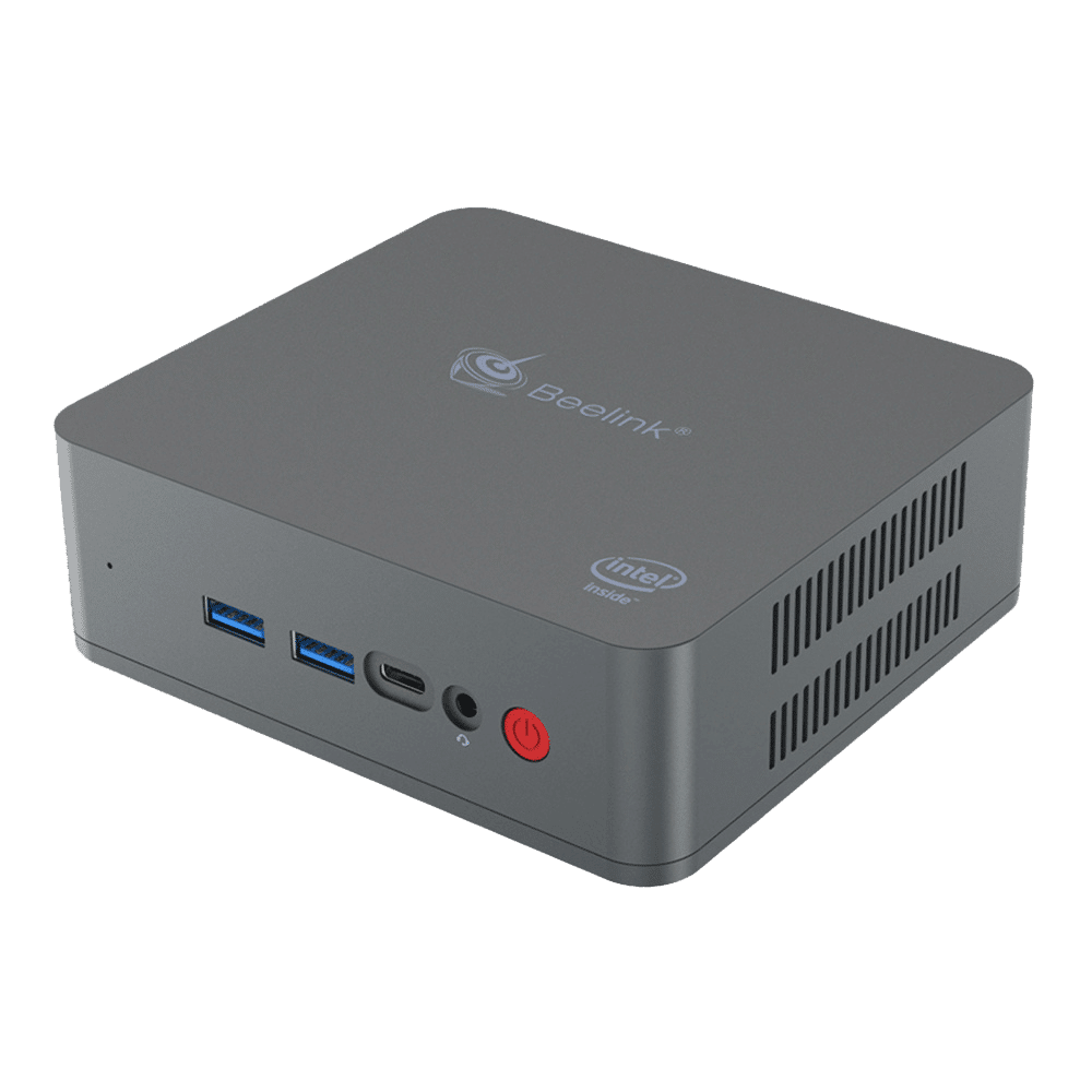 Beelink U55 Windows 10 Mini PC - Front View at an Angle showing Power Button, Headphone Jack, USB Type-C Port and two USB 3.0 Ports