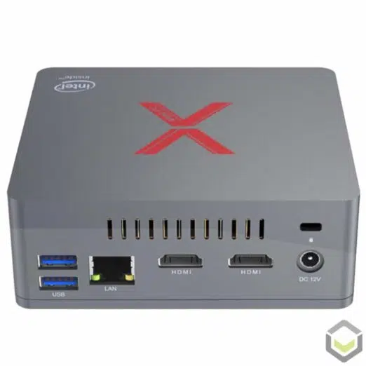 Beelink BT3-X Windows 10 Mini PC HTPC ; Rear View showing Cooling Vent, Kensington Lock, DC 12V PSU Port, Dual HDMI 1.4 Output, RJ45 1GB/s Ethernet LAN and 2 USB Type A 3.0