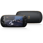 MOQi i7 Android Smartphone Handheld - Front view showing the console playing a MMORPG Game and the Camera on the back