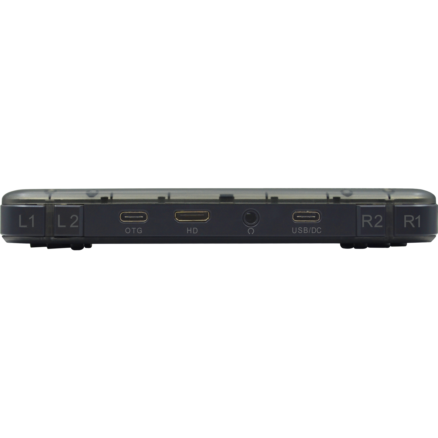 RG350P Noir Transparent - Affichage de la partie supérieure avec E/S et boutons d'épaule