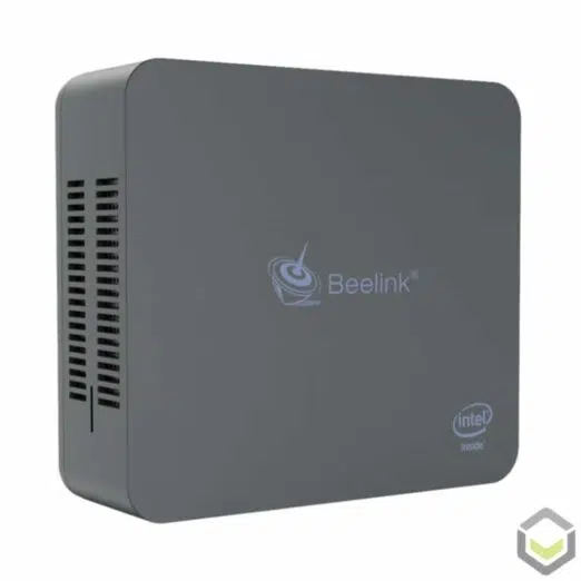 Beelink U55 Windows 10 Mini PC - Standing Up showing Top Cover