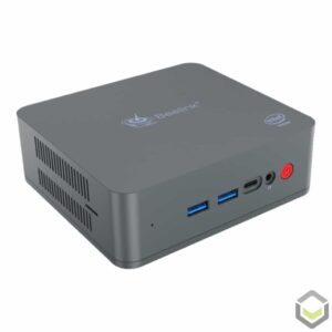 Beelink U55 Windows 10 Mini PC - Side View showing Power Button, Headphone Jack, USB Type-C Port, USB 3.0 Ports and MicroSD/TF Card Reader