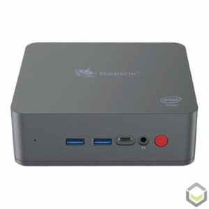 Beelink U55 Windows 10 Mini PC - Front View showing Power Button, Headphone Jack, USB Type-C Port and two USB 3.0 Ports