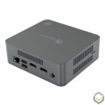 Beelink U55 Windows 10 Mini PC - Rear View at an angle showing CPU Vents, RJ45 Ethernet Port, two USB 2.0 Ports, two HDMI 1.4 Ports and Power Plug