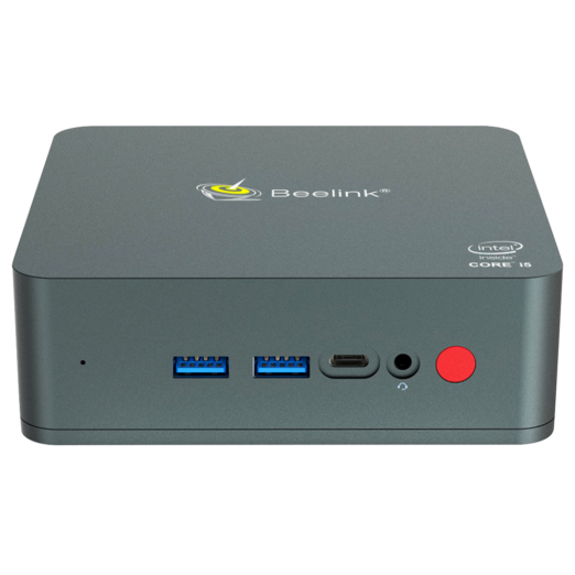 Beelink U57 Windows 10 Intel NUC Mini PC   Front facing showing Microphone 2x USB 30 Type A 1x USB Type C 35mm Headphone Jack and Power button