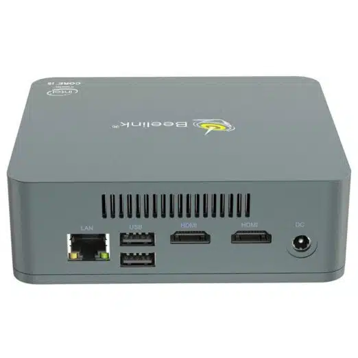 Beelink U57 Windows 10 Intel NUC Mini PC - Rear I/O showing 1GB/s RJ45 Ethernet Port, 2x USB 2.0 Type-A and two HDMI Ports