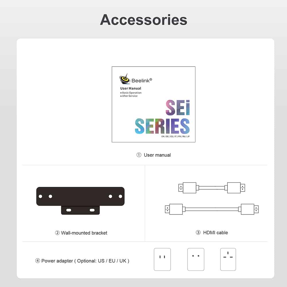Beelink SEi i5 Processor showing accessories