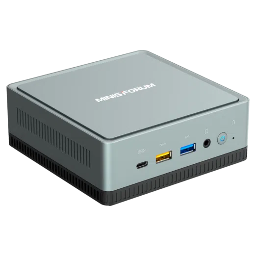 MinisForum DeskMini UM350 Ryzen Mini PC shown from the front at angle