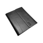 A sleek black protective case shown at an angle highlighting its smooth texture curved stitching design and secure flap closure