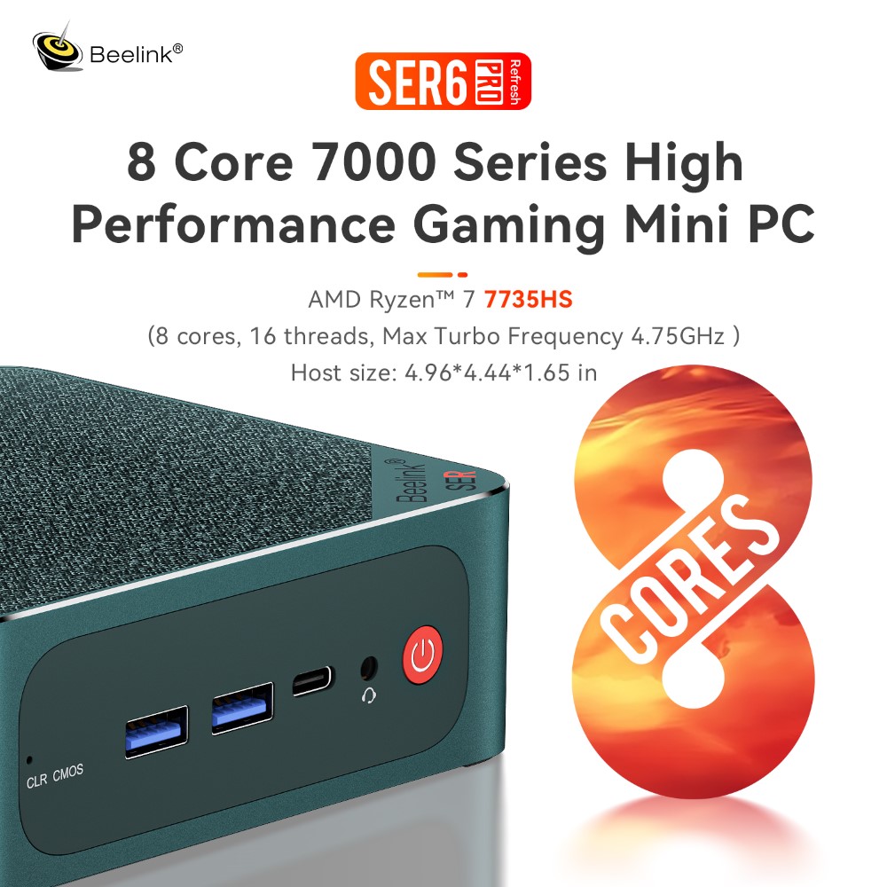 Beelink SER6 MAX Mini PC - AMD Ryzen 7 7735HS (8C/16T up to 4.75GHz), 32GB  DDR5 (4800MHz) + 500GB M.2 2280 PCIe 4.0 SSD, WiFi 6, Bluetooth 5.2, Dual