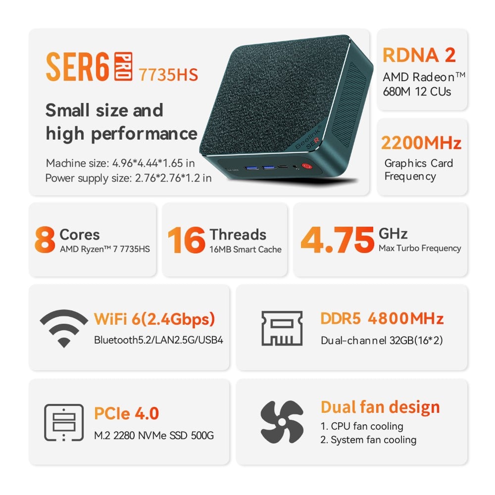  Beelink SER6 Max Mini PC, AMD Ryzen 7 7735HS