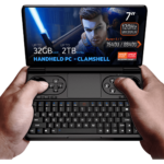 GPD WIN Mini 2024: Powerful handheld gaming PC with 7" FHD 120Hz VRR touchscreen. Features AMD Ryzen 7 8840U CPU, Radeon 780M GPU, 32GB RAM, 2TB NVMe storage. Compact clamshell design with full keyboard and gaming controls. Versatile connectivity including Wi-Fi 6E and Bluetooth 5.2. Runs Windows 11 Home. DROIX branding visible. Compact form factor offers portability and power for gaming and productivity on-the-go.