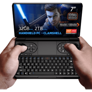 GPD WIN Mini 2024: Powerful handheld gaming PC with 7" FHD 120Hz VRR touchscreen. Features AMD Ryzen 7 8840U CPU, Radeon 780M GPU, 32GB RAM, 2TB NVMe storage. Compact clamshell design with full keyboard and gaming controls. Versatile connectivity including Wi-Fi 6E and Bluetooth 5.2. Runs Windows 11 Home. DROIX branding visible. Compact form factor offers portability and power for gaming and productivity on-the-go.