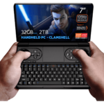 GPD WIN Mini 2024 Powerful handheld gaming PC with 7 FHD 120Hz VRR display Features AMD Ryzen 7 8840U 32GB RAM 2TB NVMe storage Clamshell design combines full QWERTY keyboard with gaming controls including dual joysticks and buttons Compact form factor held comfortably in hands Screen displays game character with glowing sword showcasing vibrant graphics Specs visible 7 screen 120Hz VRR Ryzen 7 8840U 32GB RAM 2TB storage HANDHELD PC   CLAMSHELL emphasized AMD Ryzen and Radeon logos present Device offers portable gaming and productivity in one bridging gap between handheld console and mini laptop