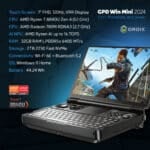 GPD WIN Mini 2024: Powerful handheld gaming PC with 7&quot; FHD 120Hz VRR touchscreen. Features AMD Ryzen 7 8840U CPU, Radeon 780M GPU, 32GB RAM, 2TB NVMe storage. Compact clamshell design with full keyboard and gaming controls. Versatile connectivity including Wi-Fi 6E and Bluetooth 5.2. Runs Windows 11 Home. DROIX branding visible. Compact form factor offers portability and power for gaming and productivity on-the-go.