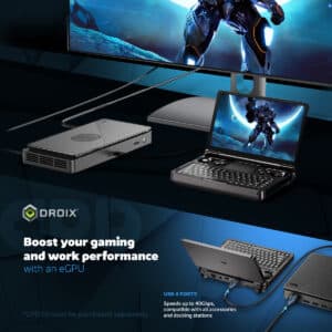 GPD WIN Mini 2024 connected to external GPU (eGPU) and large monitor. Compact clamshell device displays futuristic armored character on its 7" screen. eGPU unit enhances graphics performance. Large monitor shows expanded game view. Setup demonstrates versatility - from portable gaming to desktop-class performance. Text highlights "Boost your gaming and work performance with an eGPU". Features USB 4 ports with 40Gbps speeds, compatible with accessories and docking stations. Note: GPD G1 eGPU sold separately.