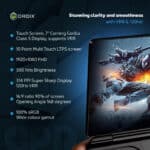 GPD WIN Mini 2024 handheld gaming PC display specs: 7" FHD touchscreen with Corning Gorilla Glass 5. Features 120Hz VRR, 314 PPI, 500 nits brightness, and 100% sRGB. Image shows device screen with high-action gaming scene, emphasizing "Stunning clarity and smoothness". Specs list includes 10-point multi-touch, 1920x1080 resolution, 168° opening angle, and wide color gamut, showcasing premium portable gaming experience.