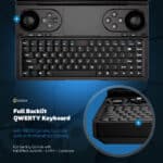 GPD WIN Mini 2024: Full backlit QWERTY keyboard with integrated XBOX-style gaming controls. Features dual analog joysticks, D-pad, XYAB buttons, and shoulder buttons. Compact layout includes function keys, touchpad, and Windows key. Inset shows close-up of ergonomic key design. Highlights &quot;Full Backlit QWERTY Keyboard&quot; and &quot;XBOX Gaming Controls built-in for Handheld Gaming&quot;. Includes Hall Effect joysticks, L4/R4 buttons, and gyroscope for enhanced gaming experience.