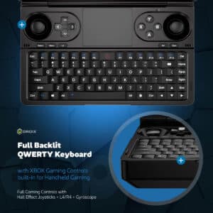 GPD WIN Mini 2024: Full backlit QWERTY keyboard with integrated XBOX-style gaming controls. Features dual analog joysticks, D-pad, XYAB buttons, and shoulder buttons. Compact layout includes function keys, touchpad, and Windows key. Inset shows close-up of ergonomic key design. Highlights "Full Backlit QWERTY Keyboard" and "XBOX Gaming Controls built-in for Handheld Gaming". Includes Hall Effect joysticks, L4/R4 buttons, and gyroscope for enhanced gaming experience.