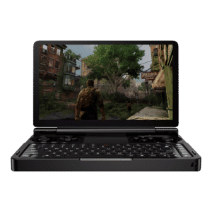 The GPD Win Mini (2024), a compact handheld gaming device with a minimalist design, featuring integrated controls and a high-resolution screen.