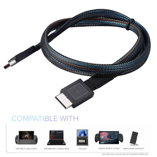 Image showcasing the ONEXPLAYER OCuLink cable with a durable braided design and connectors on both ends Below there is a compatibility section displaying supported devices including GPD WIN 4 2024  2025 GPD WIN MAX 2 2024  2025 GPD DUO ONEXPLAYER X1X1 Mini and MINISFORUM UM780XTX along with a note mentioning compatibility with additional devices featuring OCuLinkM2 NVMe ports