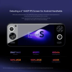 Detailed specifications of AYANEO Pocket S, featuring Snapdragon G3x Gen 2 Gaming Platform, 6" 1440P borderless mirror screen, up to 16GB RAM and 1TB storage, and various gaming-oriented features