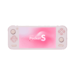 A direct front view of a pink AYANEO Pocket S handheld gaming console isolated against a solid dark green background The screen prominently displays the AYANEO Pocket S logo and Powered by Snapdragon against a soft pink gradient All control buttons including the pink D pad analog sticks and face buttons are clearly visible