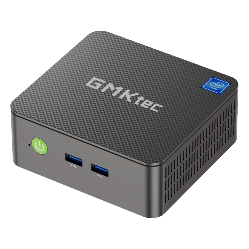 GMKtec G3 N100 Mini-PC mit Windows 11 Pro, ausgestattet mit Intel UHD Graphics, WiFi 6 und Bluetooth 5.2. Das kompakte, schwarze Gerät verfügt über ein modernes Design mit glatter Oberfläche, einen Netzschalter auf der Vorderseite und eine Reihe von Anschlüssen auf der Rückseite, darunter HDMI, USB und Ethernet.