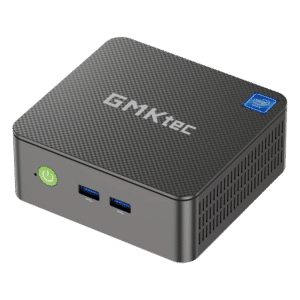 Front view of the GMKtec G3 N100 mini PC, showcasing its sleek black design with a smooth finish, a power button, and ventilation grilles. The minimalist front panel emphasizes its compact and modern aesthetic.
