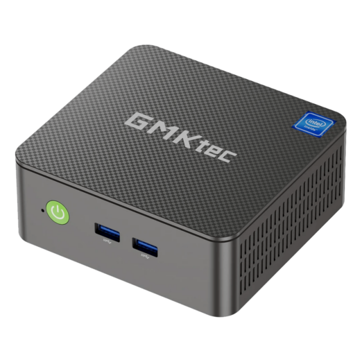Front view of the GMKtec G3 N100 mini PC showcasing its sleek black design with a smooth finish a power button and ventilation grilles The minimalist front panel emphasizes its compact and modern aesthetic