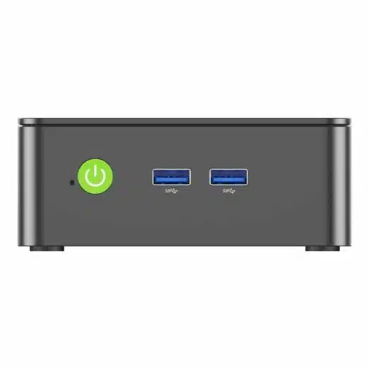 Front view of the GMKtec G3 N100 mini PC, emphasizing its modern and compact black design. The sleek front panel includes a power button and discreet ventilation grilles, offering a stylish and unobtrusive addition to any setup