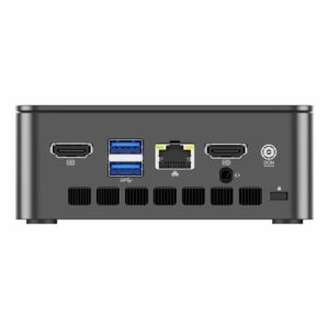 Back view of the GMKtec G3 N100 mini PC, displaying its array of input/output ports. The layout includes HDMI, USB, Ethernet, and audio ports, designed for comprehensive connectivity. The compact and efficient design ensures easy access and versatile functionality