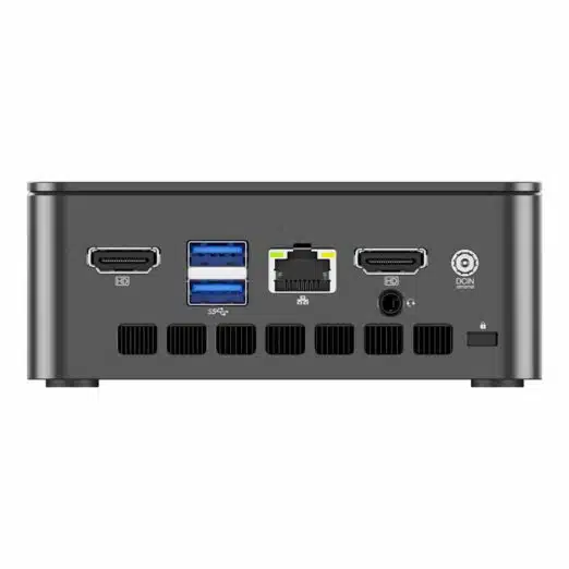 Back view of the GMKtec G3 N100 mini PC, displaying its array of input/output ports. The layout includes HDMI, USB, Ethernet, and audio ports, designed for comprehensive connectivity. The compact and efficient design ensures easy access and versatile functionality