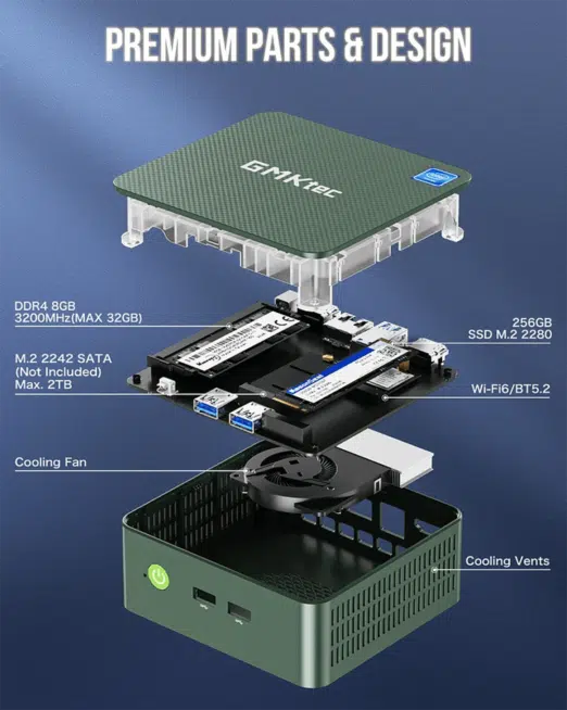 GMKtec G3 N100 mini PC, showcasing its sleek black design with a smooth finish, a power button, and ventilation grilles. The minimalist front panel emphasizes its compact and modern aesthetic.