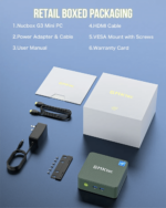 GMKtec G3 Mini PC box contents: includes mini PC unit, power adapter, and quick start guide. Sleek black packaging with product details and specifications highlighted.