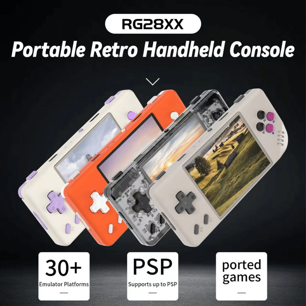 Anbernic RG28xx handheld gaming console, showcasing its retro design with a sleek, modern finish. The console features a vibrant screen, ergonomic controls, and a compact form factor ideal for portable gaming.