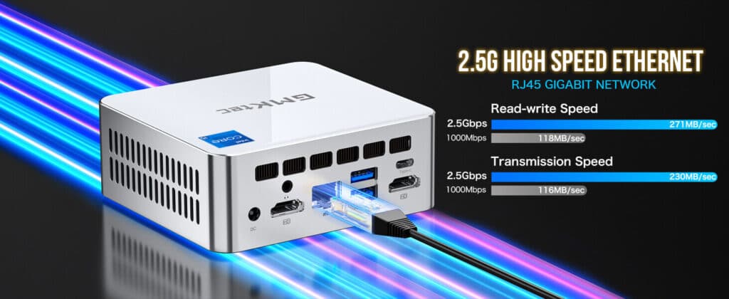 GMKtec NucBox M3 mini PC with 2.5G high-speed Ethernet connectivity, ensuring fast and reliable network performance.