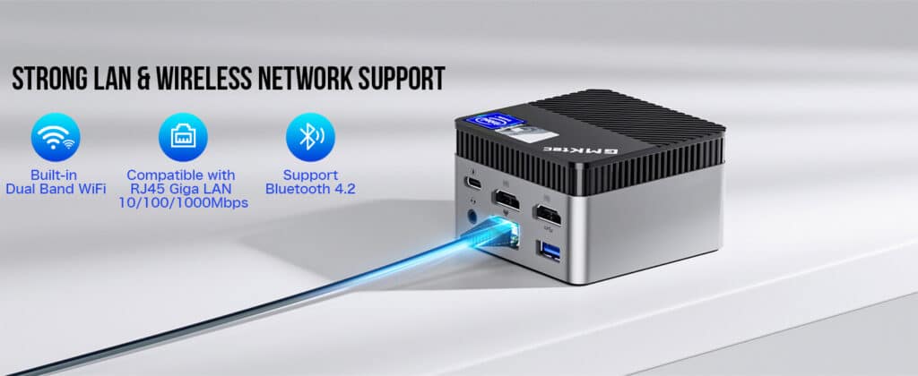 GMKtec NucBox G5 mini PC featuring WiFi and LAN connectivity options for reliable and versatile networking capabilities.