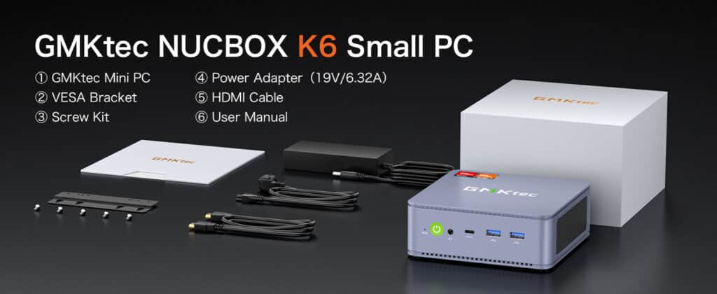 GMKtec NucBox K6 mini PC box contents include the mini PC itself, power adapter, user manual, and necessary cables for setup