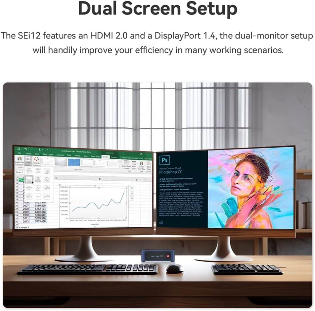 eaturing a comprehensive array of ports including Thunderbolt 4 USB Type-C, USB 3.0 Type-A, HDMI (4K@60Hz), and DisplayPort 1.4, the SEi12 offers versatile connectivity options for peripherals and high-resolution displays. It also includes Gigabit Ethernet, Wi-Fi 6, and Bluetooth 5.2 for fast and reliable networking and wireless connectivity.