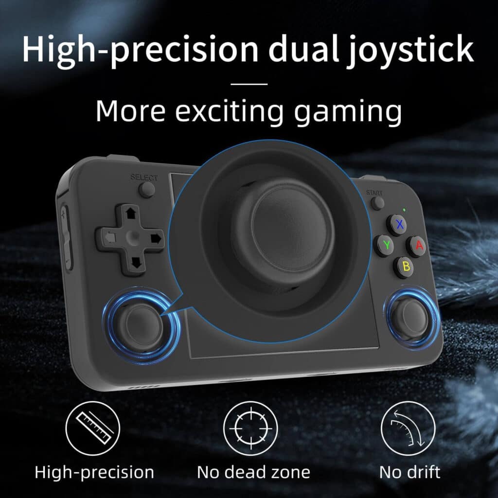 Anbernic RG35XX H handheld gaming console with high-precision dual joysticks, designed for accurate and responsive gaming control.