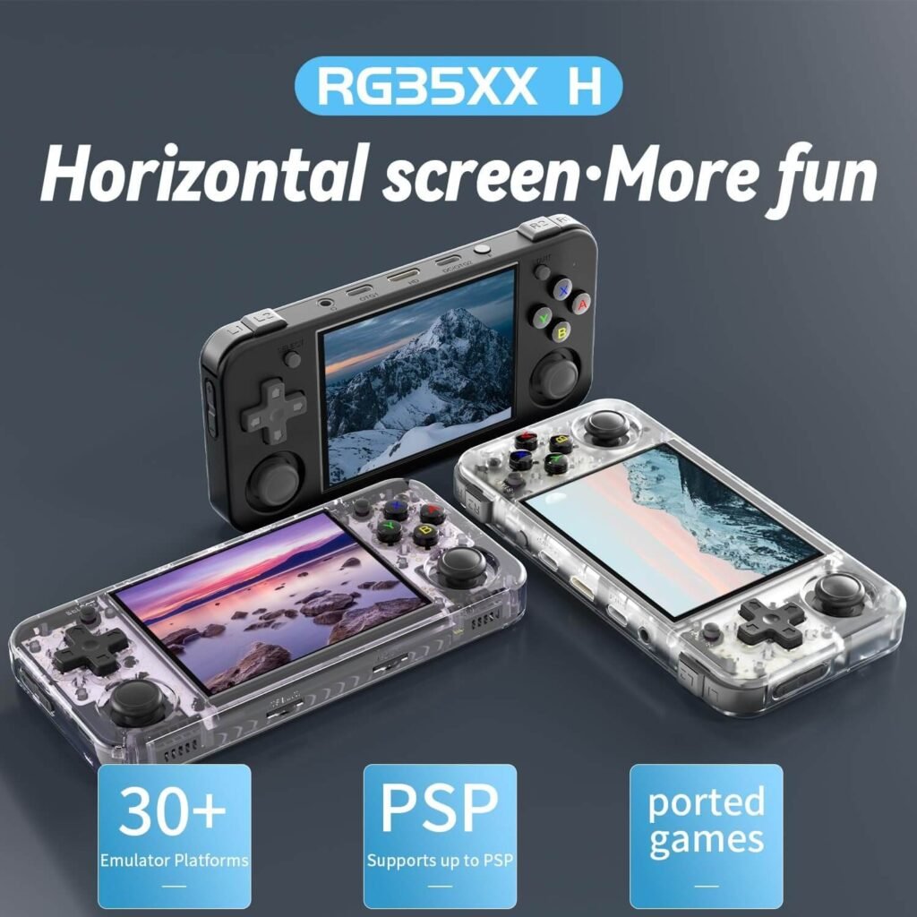 Anbernic RG35XX H, a handheld gaming console featuring a sleek design, ergonomic controls, and high-performance capabilities for portable gaming