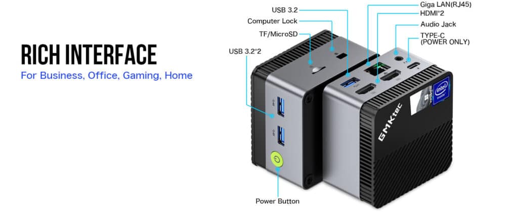 GMKtec NucBox G5 mini PC showcasing its versatile I/O ports for seamless connectivity and functionality.