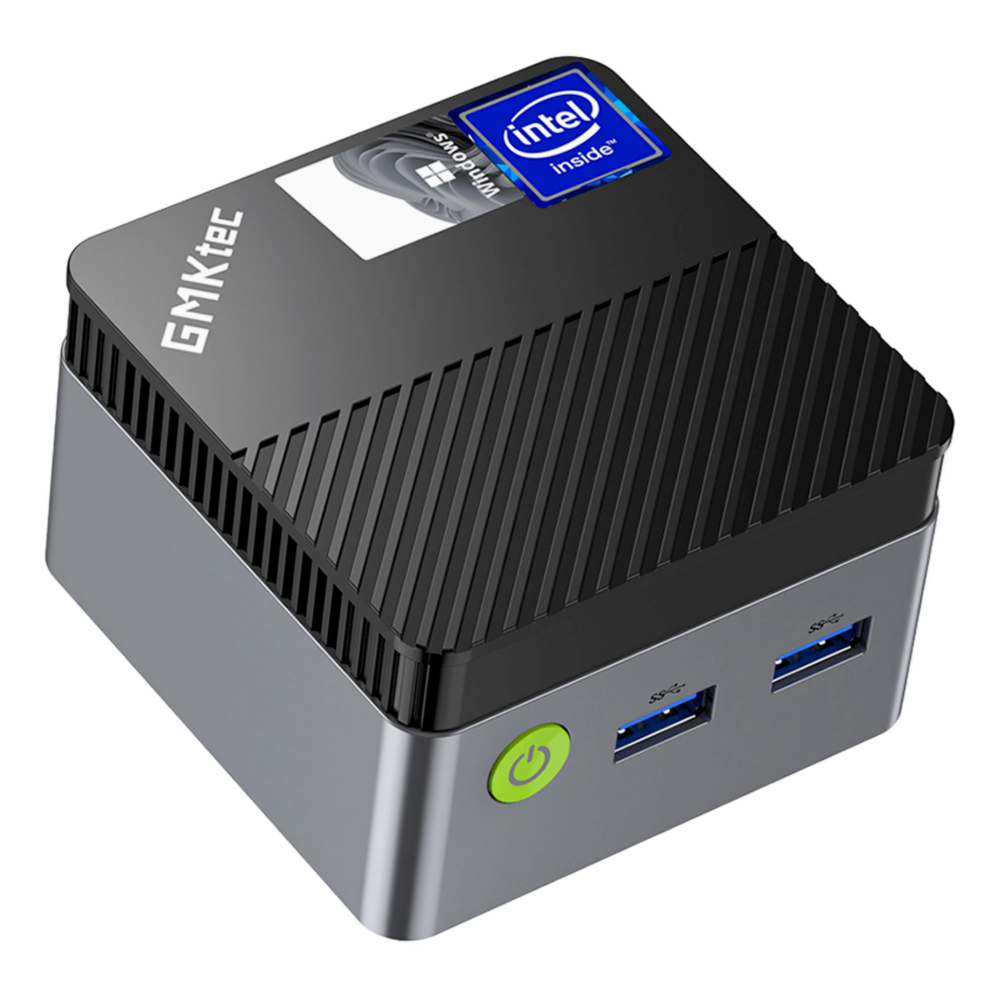 The image shows the GMKTEC NUCBOX G5 Mini PC, a compact and sleek device designed for computing on the go. The mini PC has a modern, minimalist design with a smooth black finish. Its small form factor makes it highly portable, easily fitting in one hand. The front of the device features multiple ports, including USB and audio jacks, allowing for various connectivity options. The GMKTEC logo is subtly placed on the top surface, adding a touch of brand identity without being obtrusive. The overall design is clean and functional, emphasizing both aesthetics and practicality.