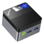 The image shows the GMKTEC NUCBOX G5 Mini PC a compact and sleek device designed for computing on the go The mini PC has a modern minimalist design with a smooth black finish Its small form factor makes it highly portable easily fitting in one hand The front of the device features multiple ports including USB and audio jacks allowing for various connectivity options The GMKTEC logo is subtly placed on the top surface adding a touch of brand identity without being obtrusive The overall design is clean and functional emphasizing both aesthetics and practicality
