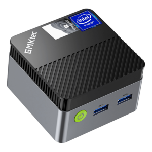 The image shows the GMKTEC NUCBOX G5 Mini PC, a compact and sleek device designed for computing on the go. The mini PC has a modern, minimalist design with a smooth black finish. Its small form factor makes it highly portable, easily fitting in one hand. The front of the device features multiple ports, including USB and audio jacks, allowing for various connectivity options. The GMKTEC logo is subtly placed on the top surface, adding a touch of brand identity without being obtrusive. The overall design is clean and functional, emphasizing both aesthetics and practicality.