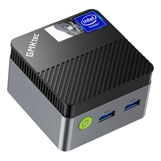 The image shows the GMKTEC NUCBOX G5 Mini PC a compact and sleek device designed for computing on the go The mini PC has a modern minimalist design with a smooth black finish Its small form factor makes it highly portable easily fitting in one hand The front of the device features multiple ports including USB and audio jacks allowing for various connectivity options The GMKTEC logo is subtly placed on the top surface adding a touch of brand identity without being obtrusive The overall design is clean and functional emphasizing both aesthetics and practicality